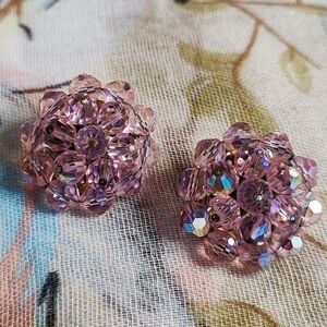 LAGUNA Light Pink Aurora Borealis Crystal Vintage Clip Silver Tone Earrings